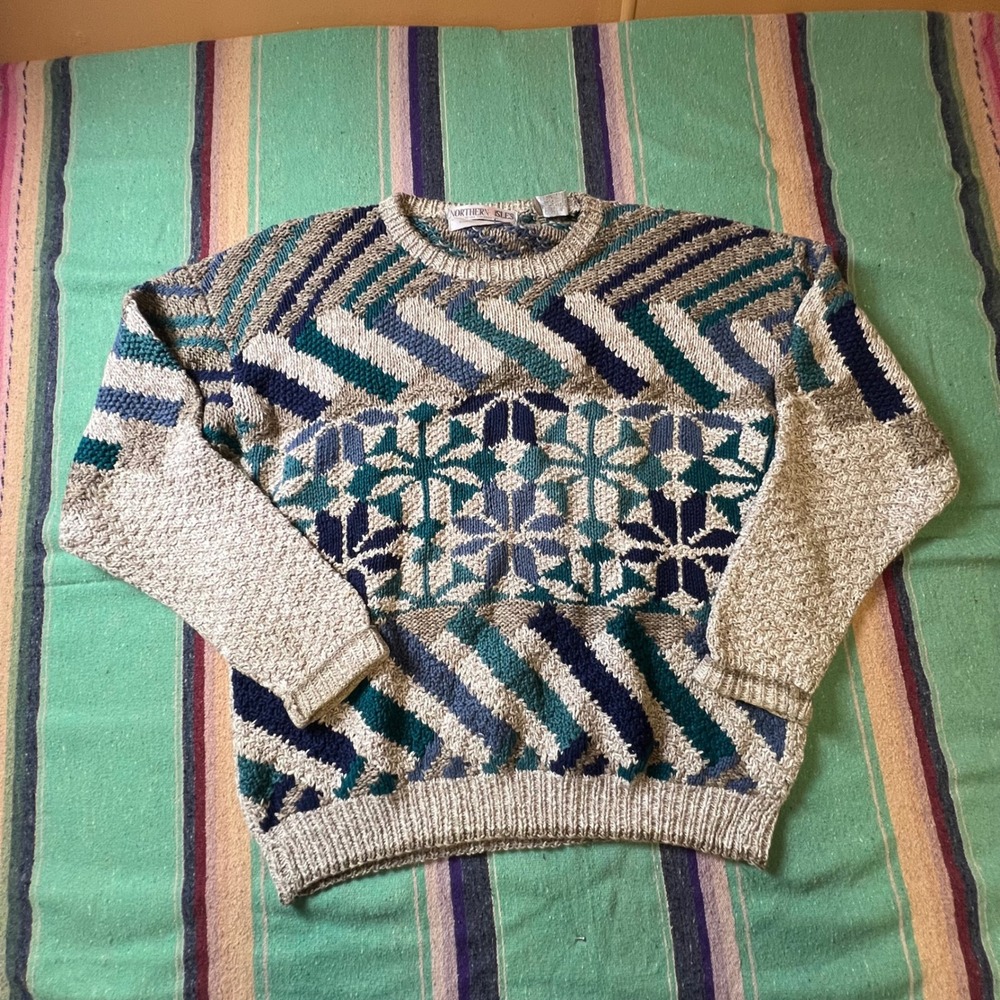 Northern Isles Sweater Mens M Beige Blue Geometric Snowflake Knit Vintage 90s